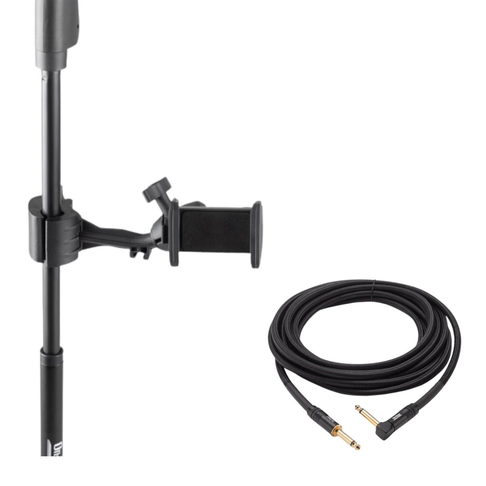 Mic Stand Smartphone Holder + 15ft Production Grade Right-Angle XLR Cable Bundle