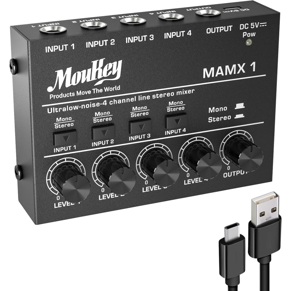 Mini Audio Mixer 4 Channel Stereo Low Noise Sub-Mixing for Small Venues