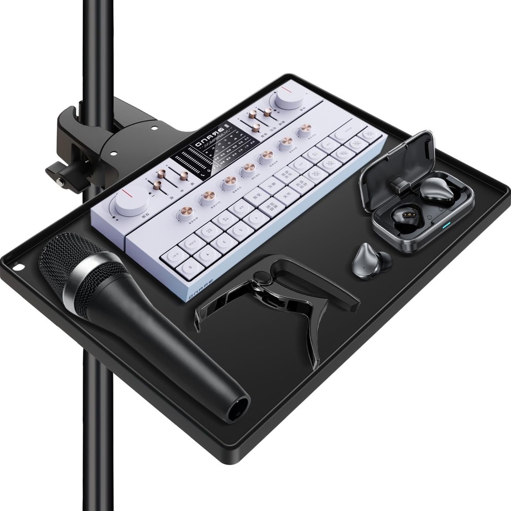BILIONE Microphone Stand Tray with Crab Clamp, 10.6″ x 7.8″ Large Black