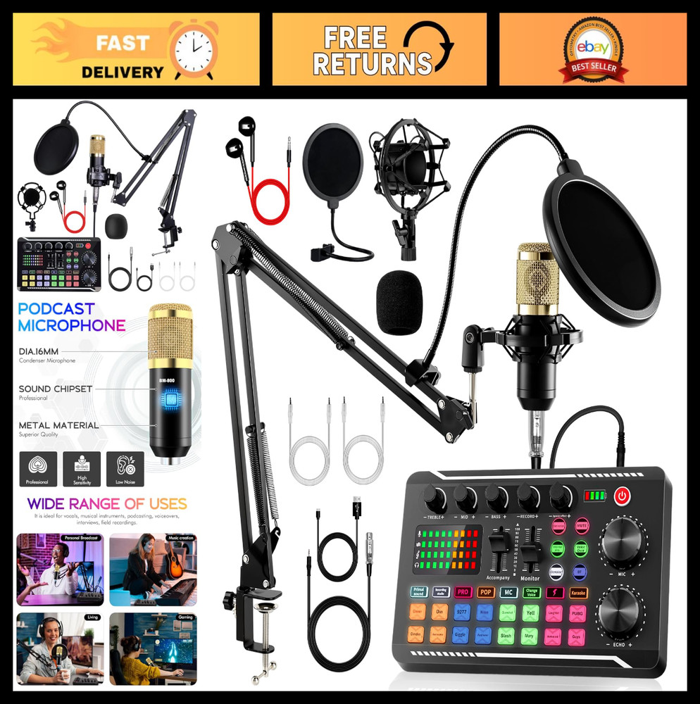 Podcast Equipment Bundle – BM-800 Microphone & F998 Sound Card for Streaming, Ga