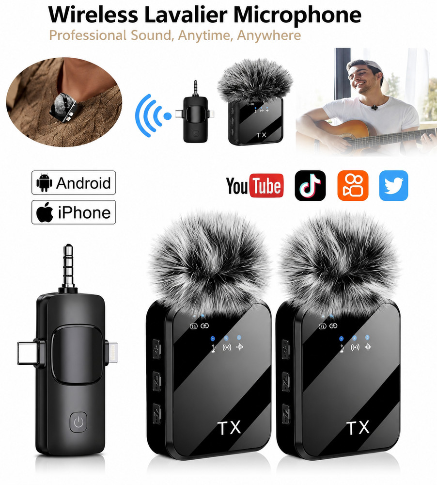 Wireless Lavalier Microphone for iPhone Android Camera Noise Cancelling Mic