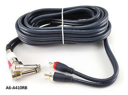10ft Right Angle Dual 1/4″ TS Mono Male Plug to 2-RCA Plug Male Blue Audio Cable