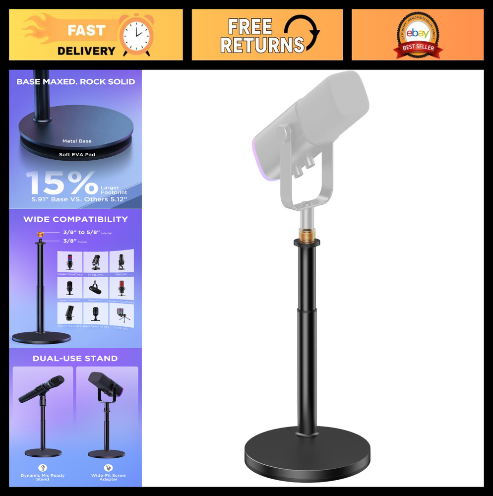 Adjustable Desktop Microphone Stand, Telescopic Table Mic Holder with Clip, Fits
