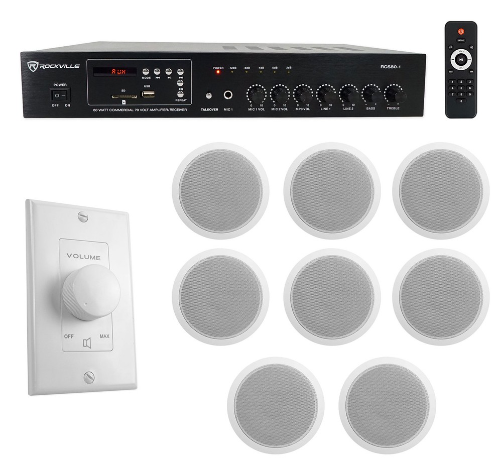 Rockville Commercial Restaurant Amp+(8) 6″ White Ceiling Speakers+Wall Control