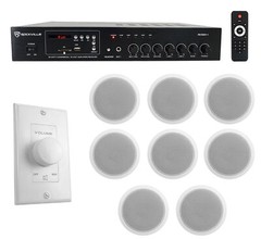 Rockville Commercial Restaurant Amp+(8) 6″ White Ceiling Speakers+Wall Control
