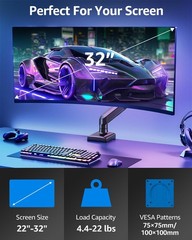 Single Monitor Mount for 32 27 24 22 inch Screen, Monitor Arm Holds 4.4-22 lb…