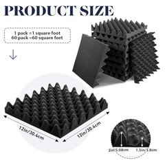 High Density Acoustic Foam 60 Pack 12x12x2 Fire Resistant