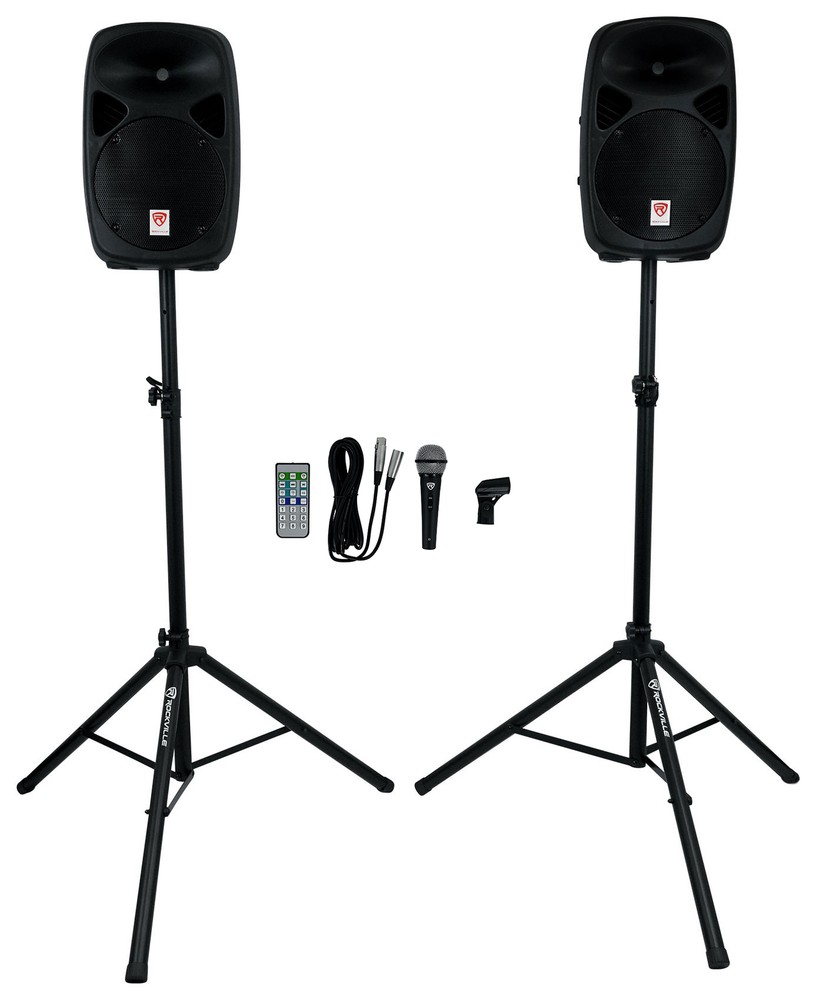 Rockville RPG102K Dual 10″ Powered Speakers DJ PA System Bluetooth+Mic+Stands