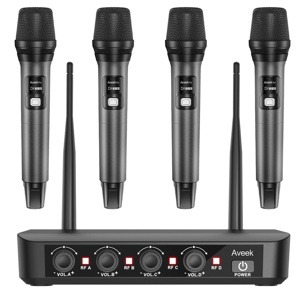 Aveek Wireless Microphone System with 4-Pack Dynamic Handheld Mics, Black