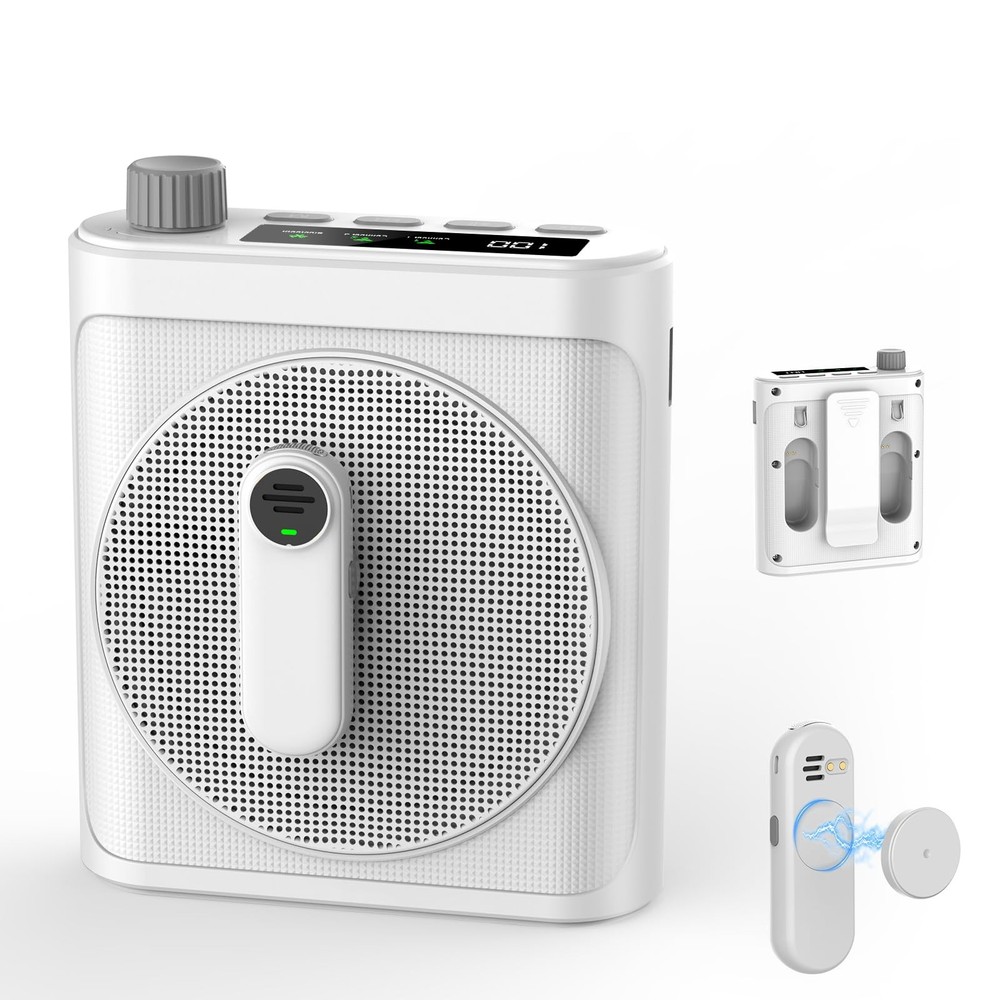 15W Wireless Voice Amplifier with 2 Magnetic Lavalier Mics & Noise White