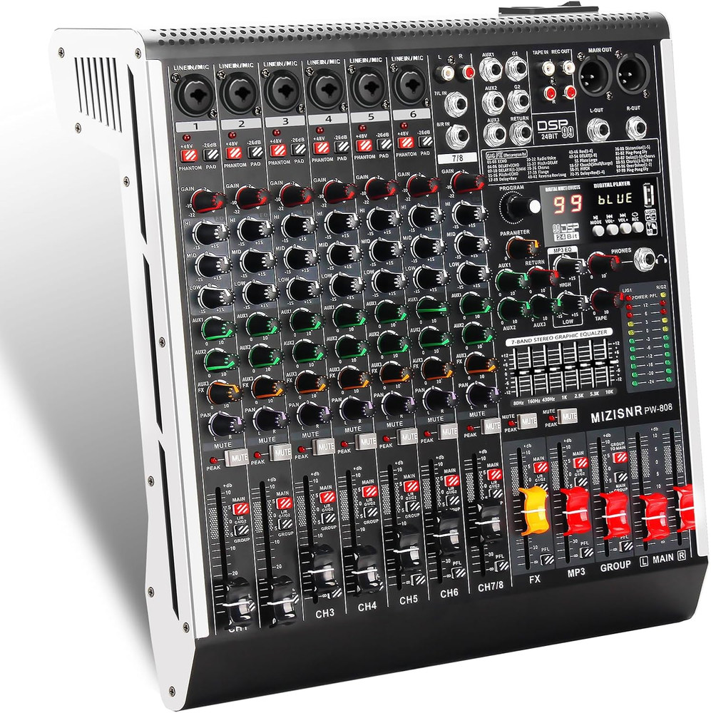 8 Channel Audio Mixer Professional Sound Mixing Board with 99 DSP Effects, 7-Ban
