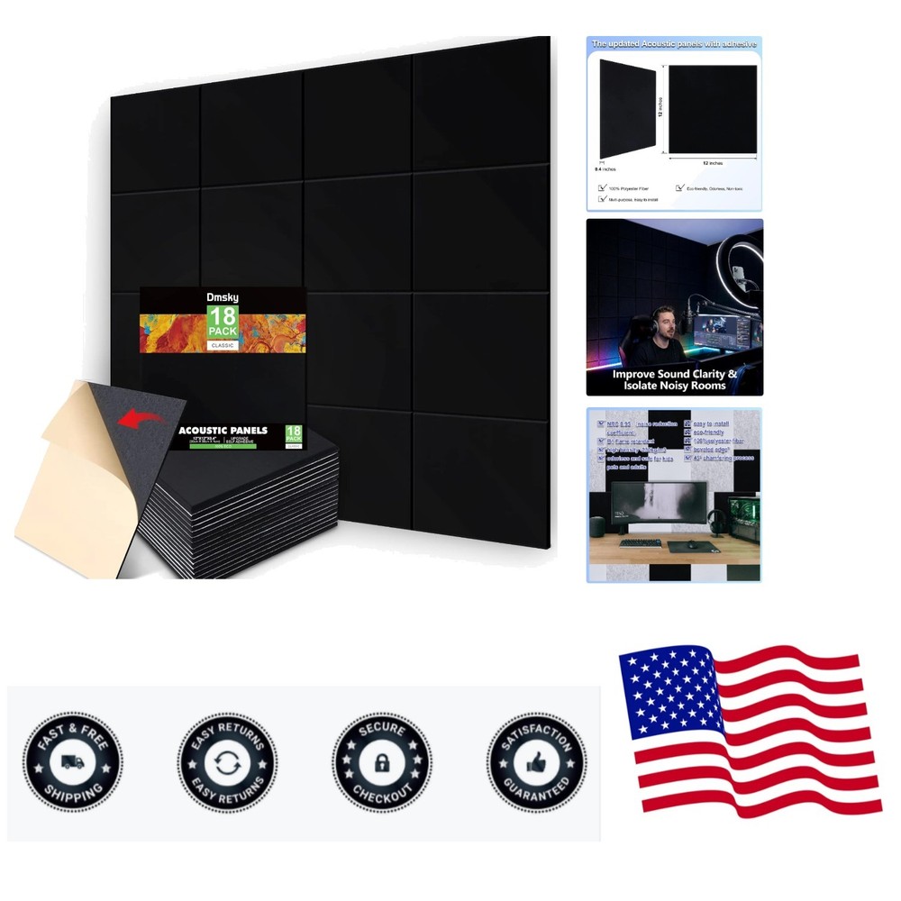 Seamless Installation Black Acoustic Panels 12″X12″ – 18 Pack Noise Reducers