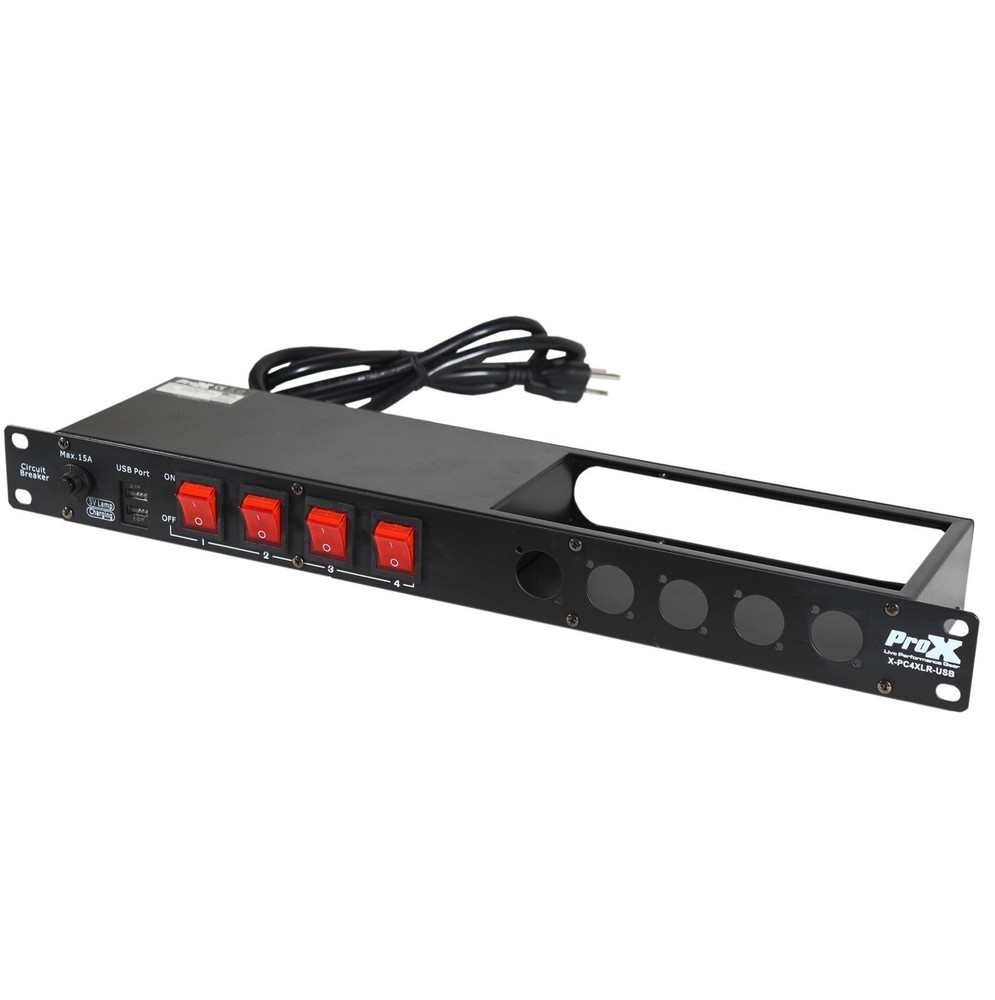 4 Channel Rack Mount Power Distributor & USB port w/ 5 Punched XLR D Holes