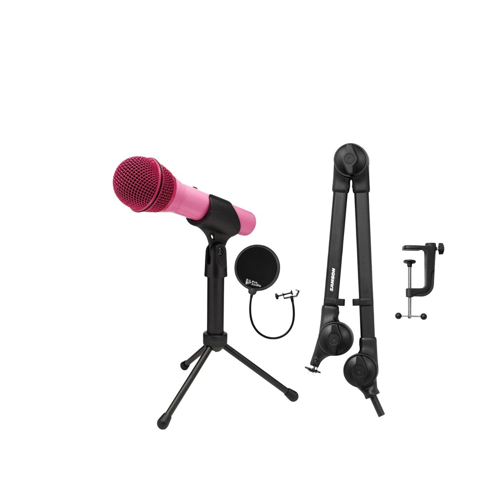Samson Q2U USB XLR Pink Microphone Boom Arm Microphone Stand Bundle