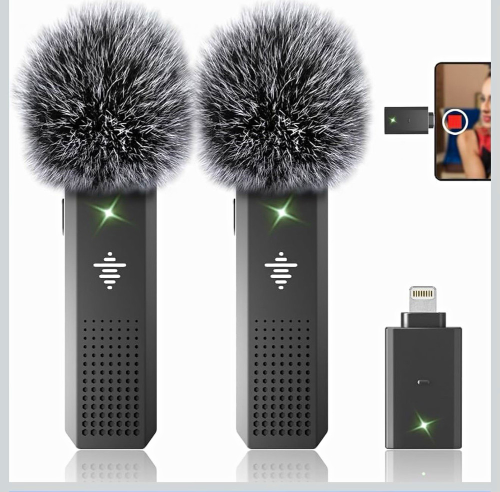 Wireless Clip-On Microphone 2TX 1RX Lightning for iPhone/iPad Noise Cancel