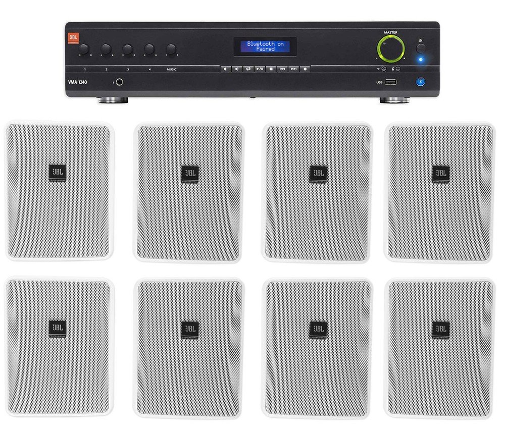 JBL VMA1240 Commercial/Restaurant 240W 70v Amplifier+(8) JBL 5.25″ Wall Speakers