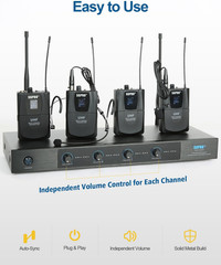 4-Channel Wireless Microphone System – 250Ft Range, Metal Mics & Receiver, Fixed