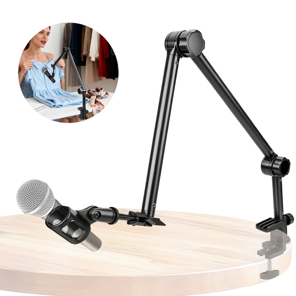 Microphone Boom Arm Mic Desk Stand w/ 3/8″ 5/8″ Adapter for Streaming Podcast