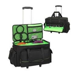 Large Rolling DJ Cable Bag, Green Padded Gig Bag with Detachable Trolley & Divid