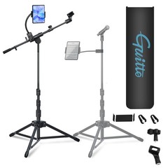 GUITTO Microphone Floor Stand with Phone/Tablet Holder, 70 inches, Black