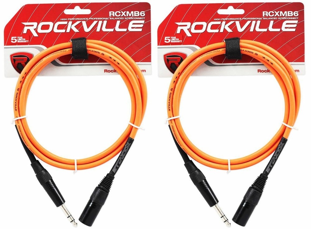 2 Rockville RCXMB6-O Orange 6′ Male REAN XLR to 1/4“ TRS Balanced Cables