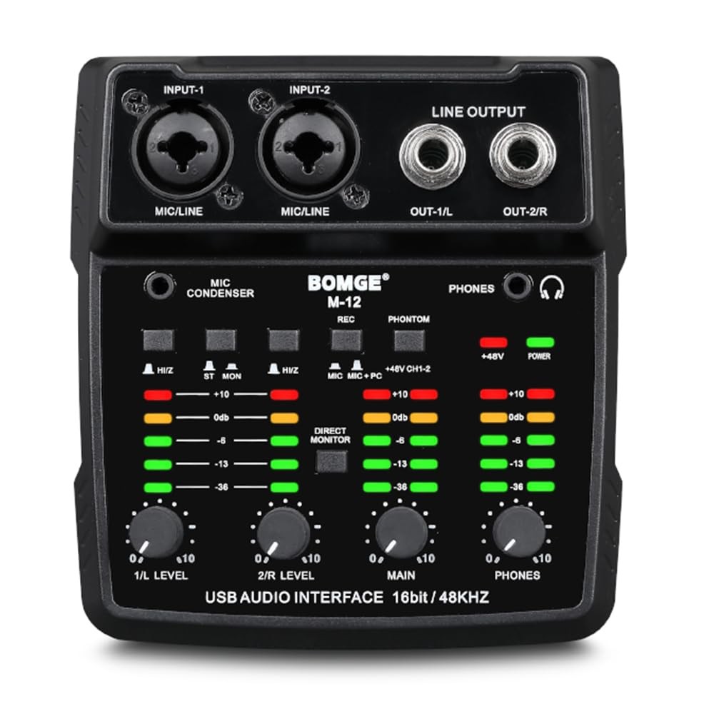 BOMGE M12 USB Audio Interface, 2-Channel Mixer, XLR/3.5mm Input, 48V Power Su…