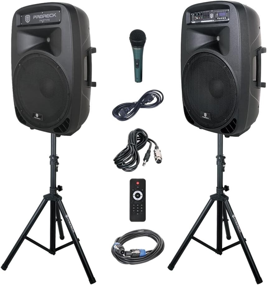 proreck-party 15 PA Speaker System Bluetooth DJ Portable 15 Inch 2000W Set
