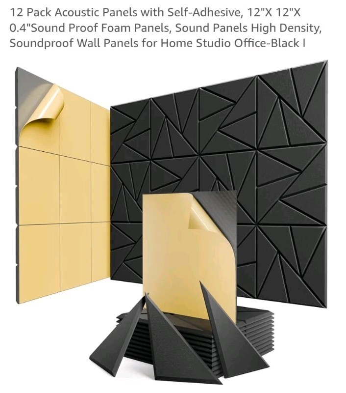 ROOME Acoustic Foam Panels 12 Pack 12x12x0.4 Self-Adhesive High Density Black