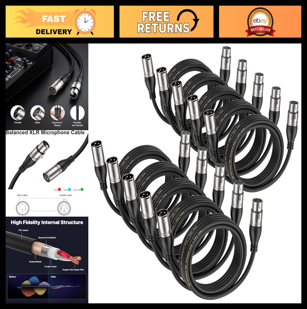 Premium 2ft XLR Cable 10-Pack – Balanced Microphone 3-Pin Male to Female, Black