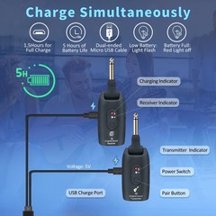 2.4GHz Wireless Guitar System Guitar Transmitter Receiver 100ft Rechargeable