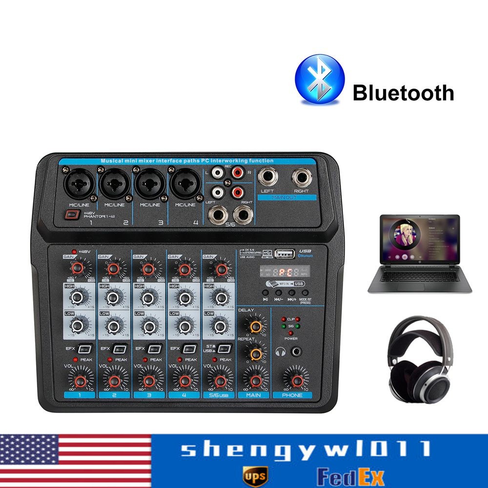 6 Channel Live Studio Audio Mixer USB Bluetooth DJ Sound Mixing Console Amplifie