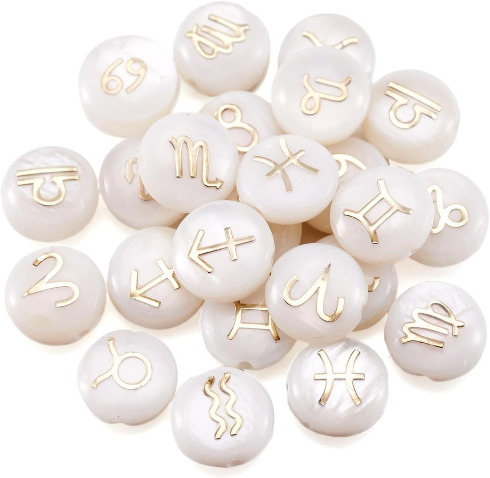 24pcs 12 Constellation Shell Beads 8mm Natural Freshwater Shell Zodiac Sign Flat