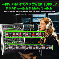 8 Channel Audio Mixer Professional Sound Mixing Board with 99 DSP Effects, 7-Ban