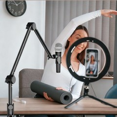 Low Profile Microphone Boom Arm Mic Desk Stand Adjustable w/ 3/8″ 5/8″ Adapter