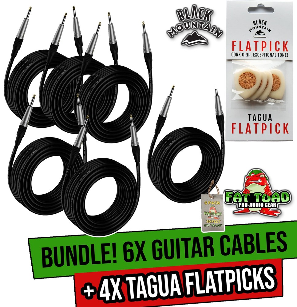 FAT TOAD 20FT Guitar Cables 6 Pack Bundle & 4x BLACK MOUNTAIN Tagua Guitar Picks