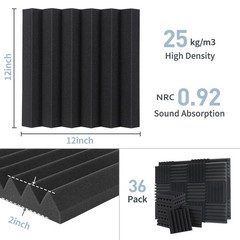 Sound Proof 12 x 12 x 2 Inches, Black – 36 Pack Wedge Panels (No Adhesive)