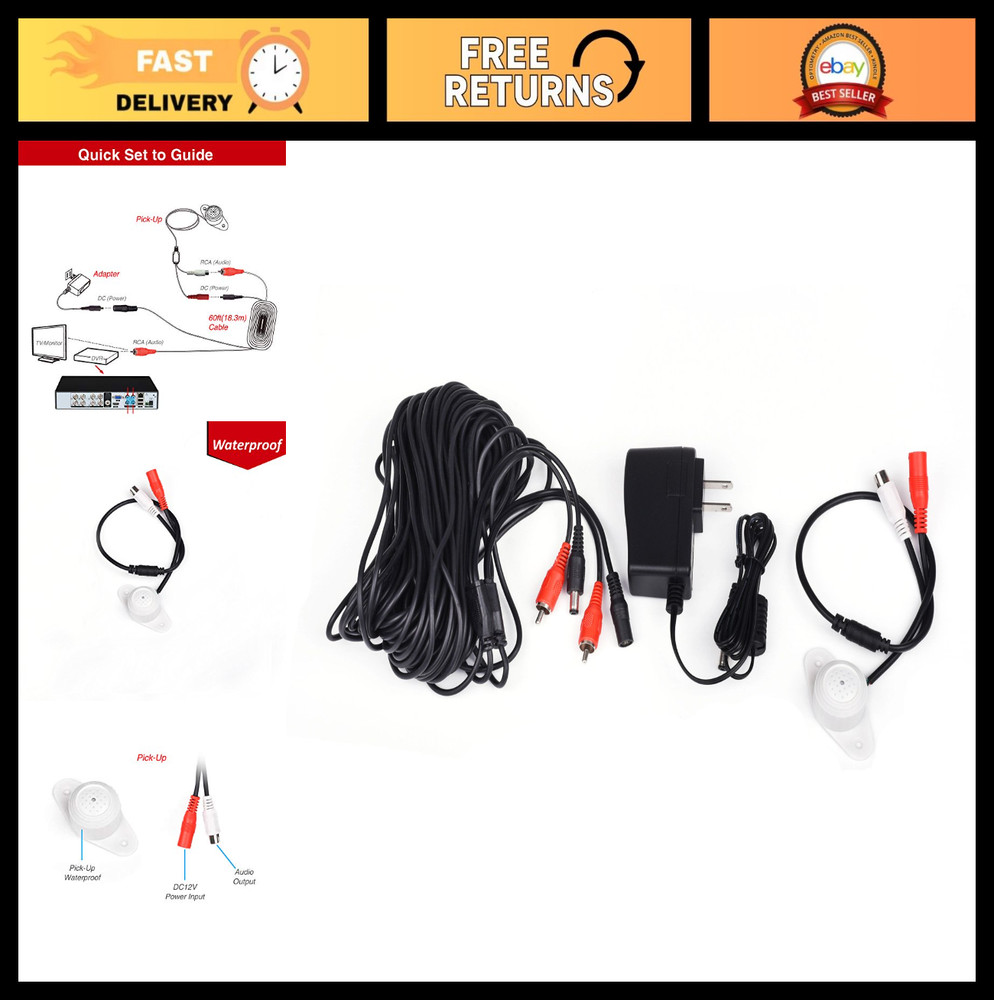 High Sensitivity Weatherproof Preamp Microphone Audio Pickup Kit, 60ft Cable, Po