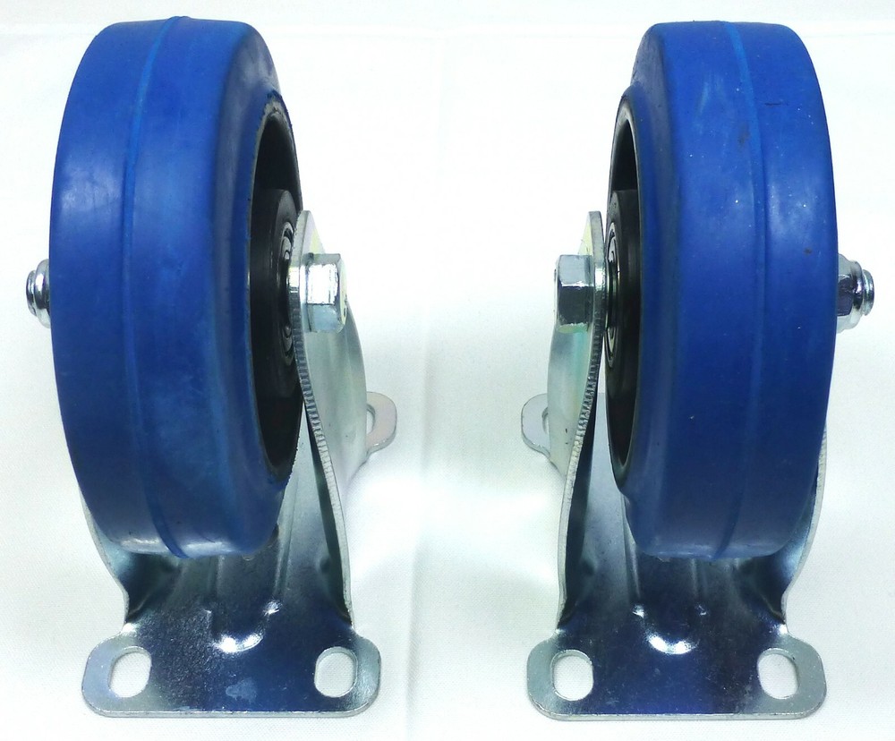 Set Of (2)Two Heavy Duty Fixed Casters with 4″(97.85mm) Dia. Blue Rubber Wheels