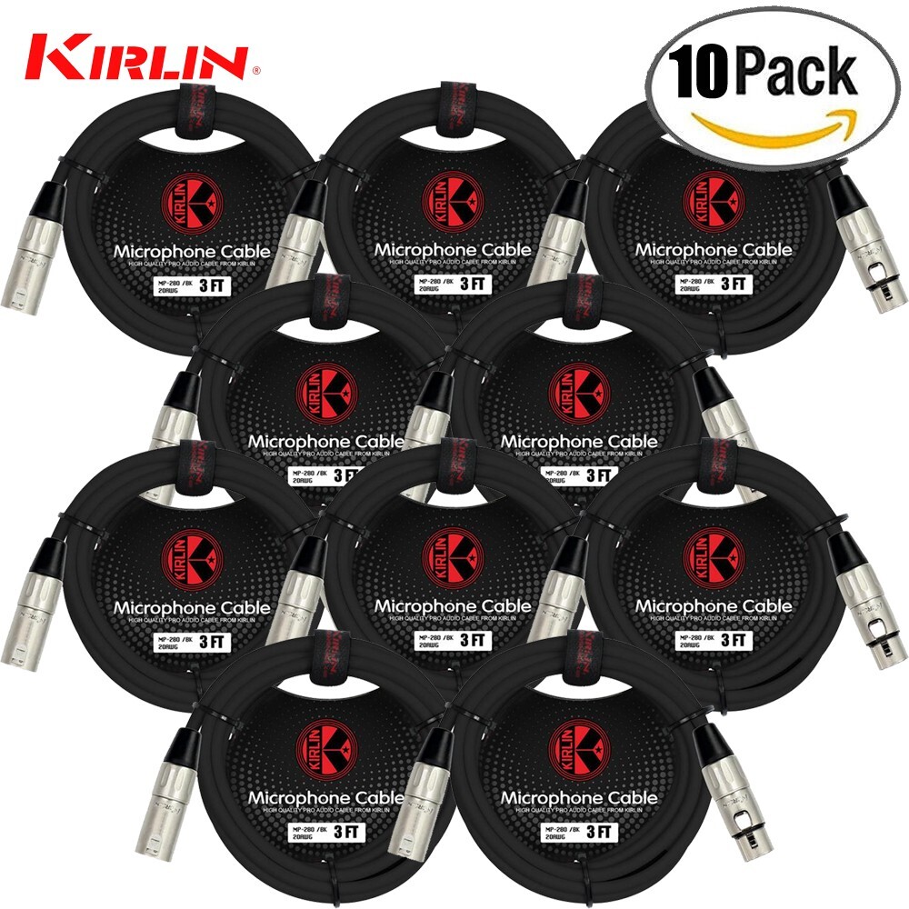 10-PACK Kirlin 3FT 3-Pin XLR Male to Female 20AWG Microphone Cable MP-280-03/BK