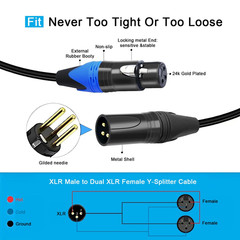 1 Male to 2 Female XLR Y Splitter Micrphone Cable, 3Pin Male to Dual Female