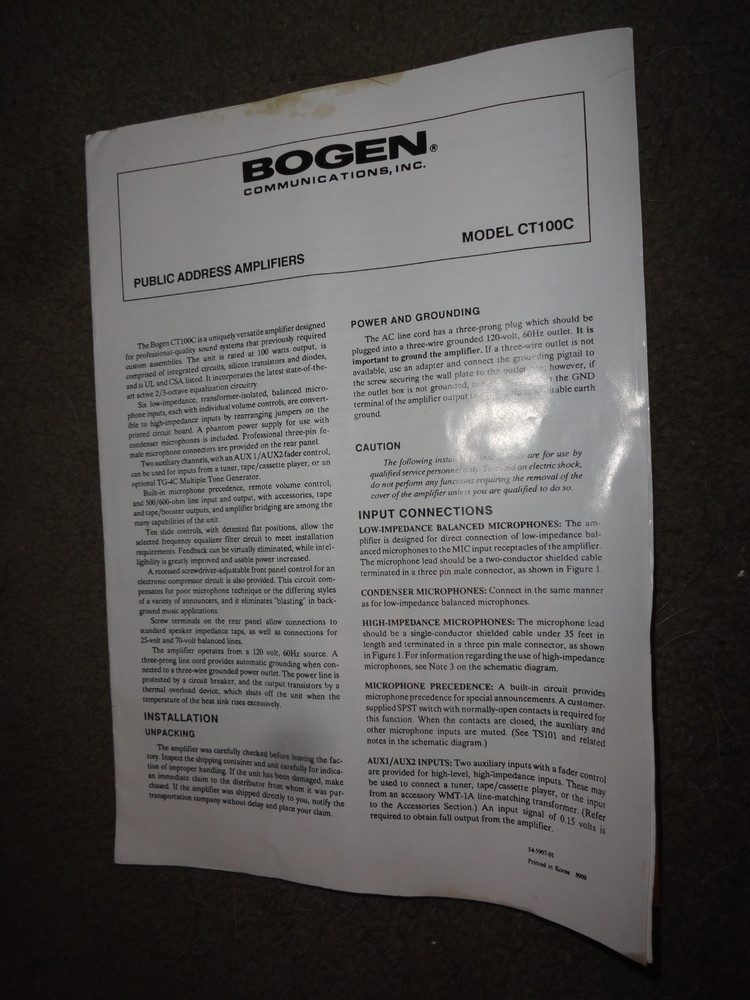 BOGEN CT-100C AMPLIFIER SPECIFICATIONS, OPERATION, MAINTENANCE, SCHEMATICS