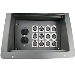 Recessed hinged lid in floor pocket stage box XLR MALE FEMALE AC CAT 5 ETHERNET