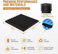 Acoustic Foam Panels 12 Pack 1″ x 12″x 12″ 12 x 12 x 1 Inches, Black 12Pack