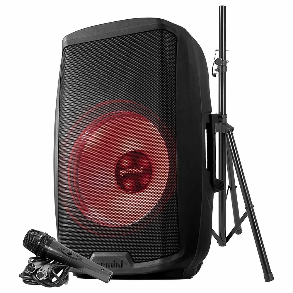 Gemini AS-2115BT-LT-PK 15″ LED Party Light DJ PA Speaker w Stand & Microphone