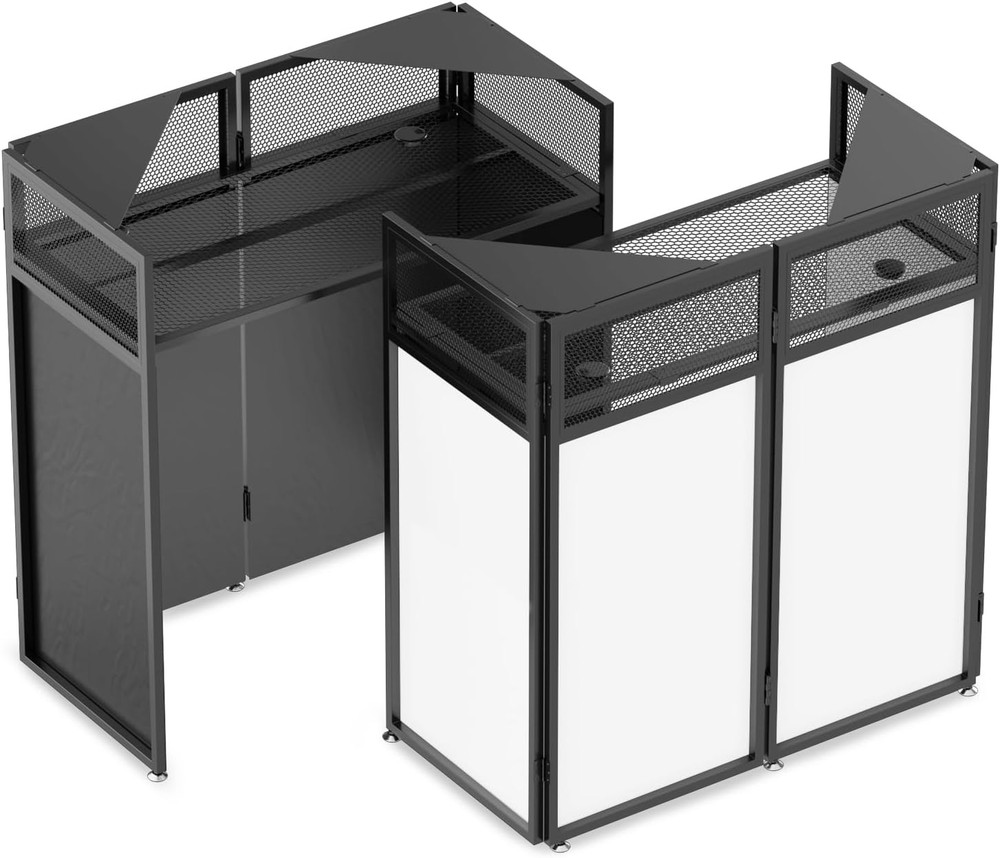 Foldable DJ Booth with Two Top Trays, Tool-Free Assembly, DJ Table with White &