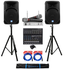 (2) Rockville RPG15BT 15″ DJ PA Speakers w/Bluetooth+Mixer+Mic+Stands+Cables+Bag