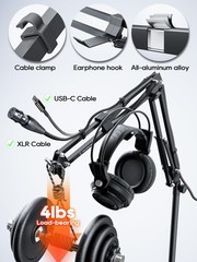 Overhead Boom Arm Microphone Stand Desk Mount 360° Rotatable 25.5 Inch Reach Whi