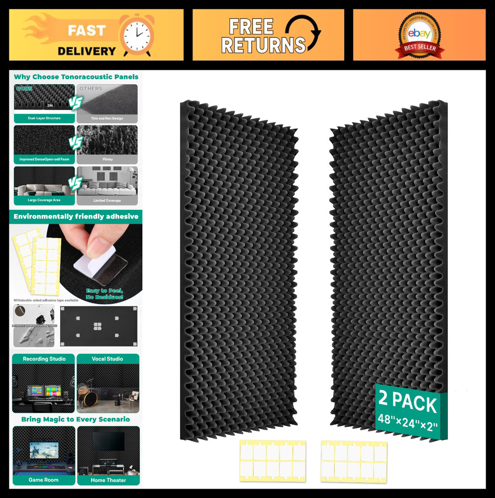 Soundproof Foam Panels 2 Pack 48″x24″x2″ Black Acoustic Egg Crate High Density N