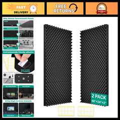 Soundproof Foam Panels 2 Pack 48″x24″x2″ Black Acoustic Egg Crate High Density N