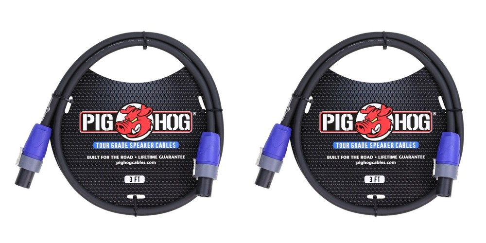 2 Pack PIG HOG PHSC3SPK SPEAKER CABLE, 3FT (14 GAUGE WIRE), SPEAKON TO SPEAKON